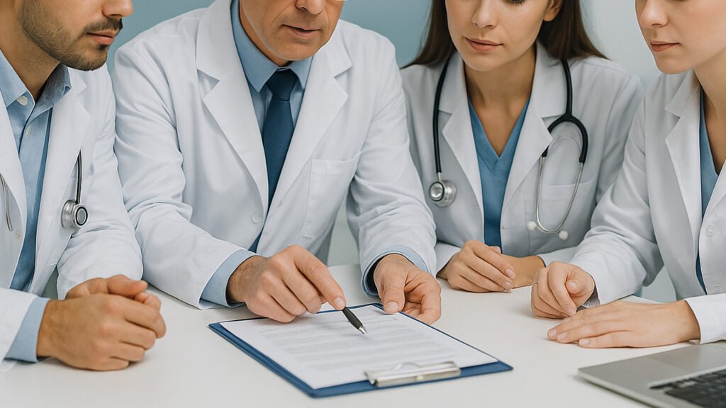 Imagen profesional de médicos colaborando en el análisis de documentos clínicos. Representa formación continua y compromiso con la seguridad médica en medicina estética.